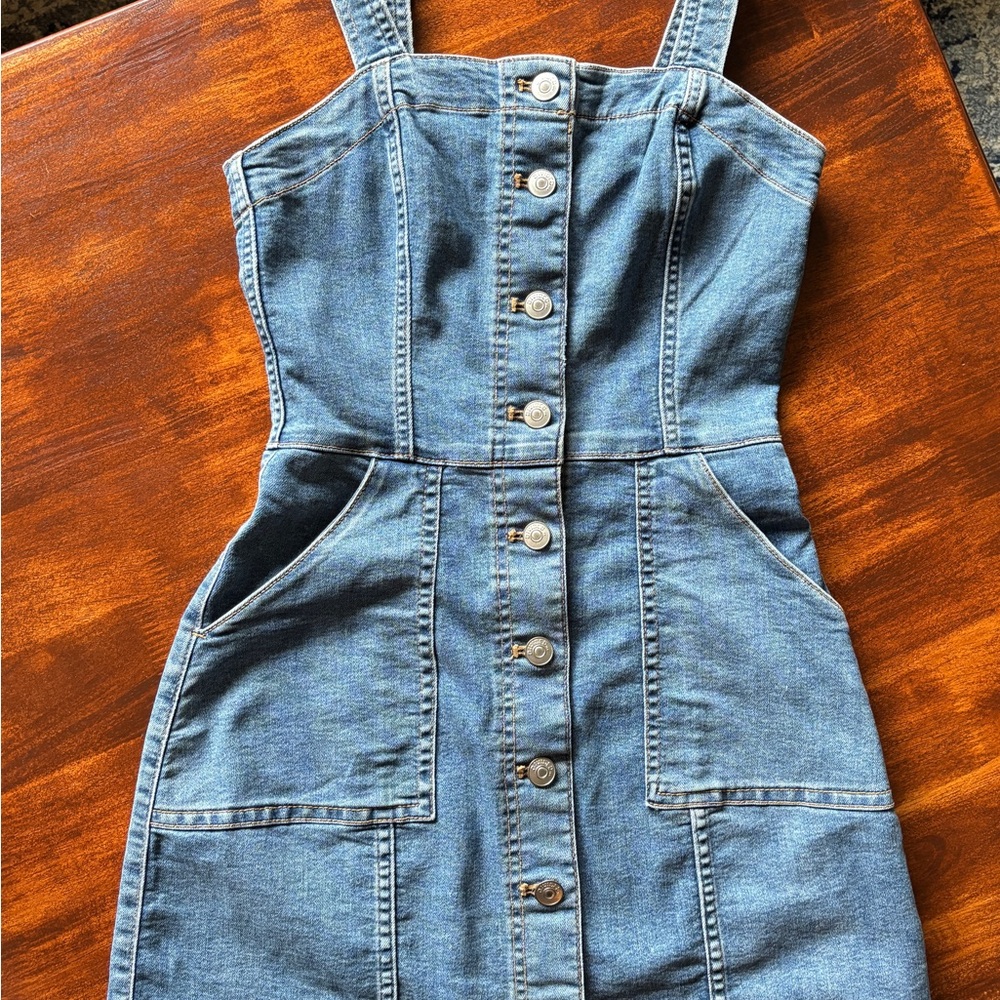 H&M Divided Denim Dress Overalls Button Up Pockets Blue Jean Size 2